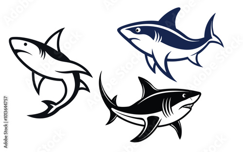 Set of Shark Silhouettes with Cosmic and Minimalist Design on white background photo