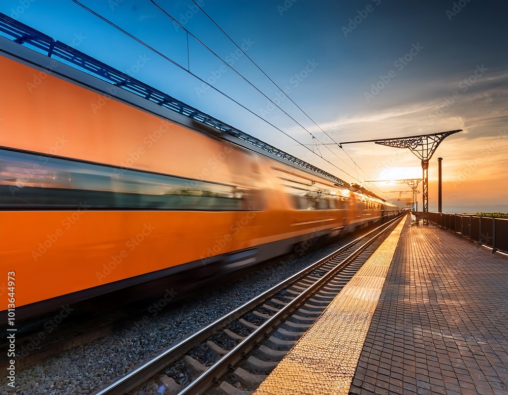 Fototapeta premium A high-speed orange passenger train streaks across a railway platform at sunset, showcasing modern transportation.