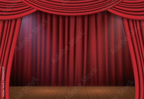 Red curtains realistic. Theater fabric silk decoration for movie cinema or opera hall. Curtains and draperies interior decoration object.