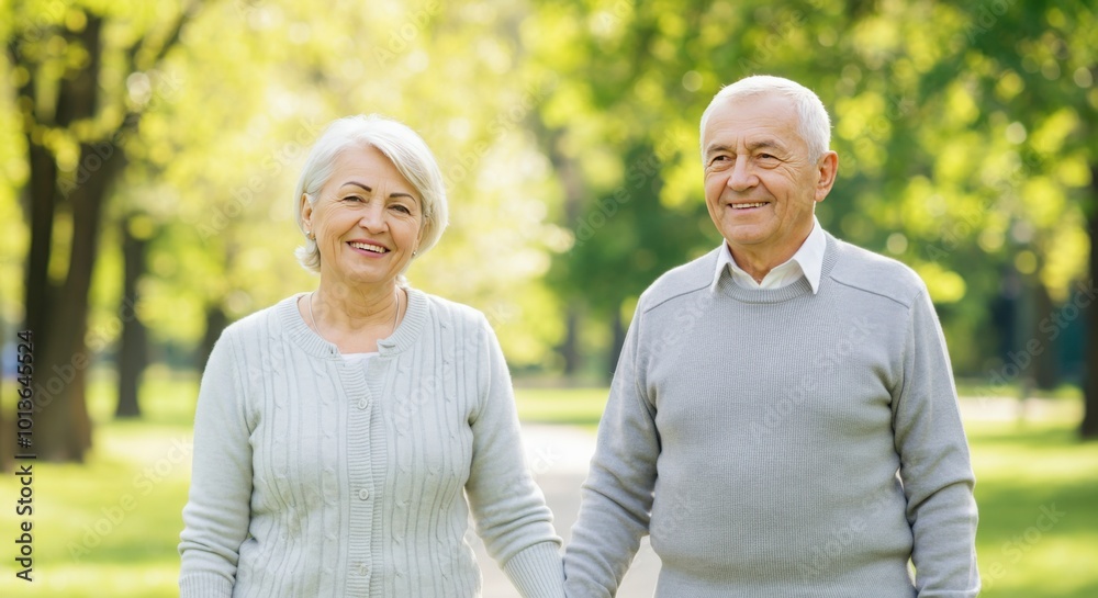 Happy elderly couple holding hands and smiling in the park. Happy elderly couple holding hands and smiling in the park.
