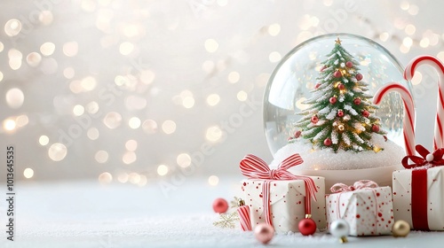 Festive Christmas scene with red ornaments, candy canes, wrapped gifts, and a snow globe, placed next to a snow-covered Christmas tree. Soft, glowing bokeh lights fill the light background.