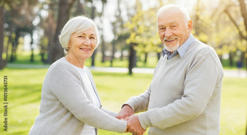 Obraz premium Happy Senior Couple Holding Hands in a Park
