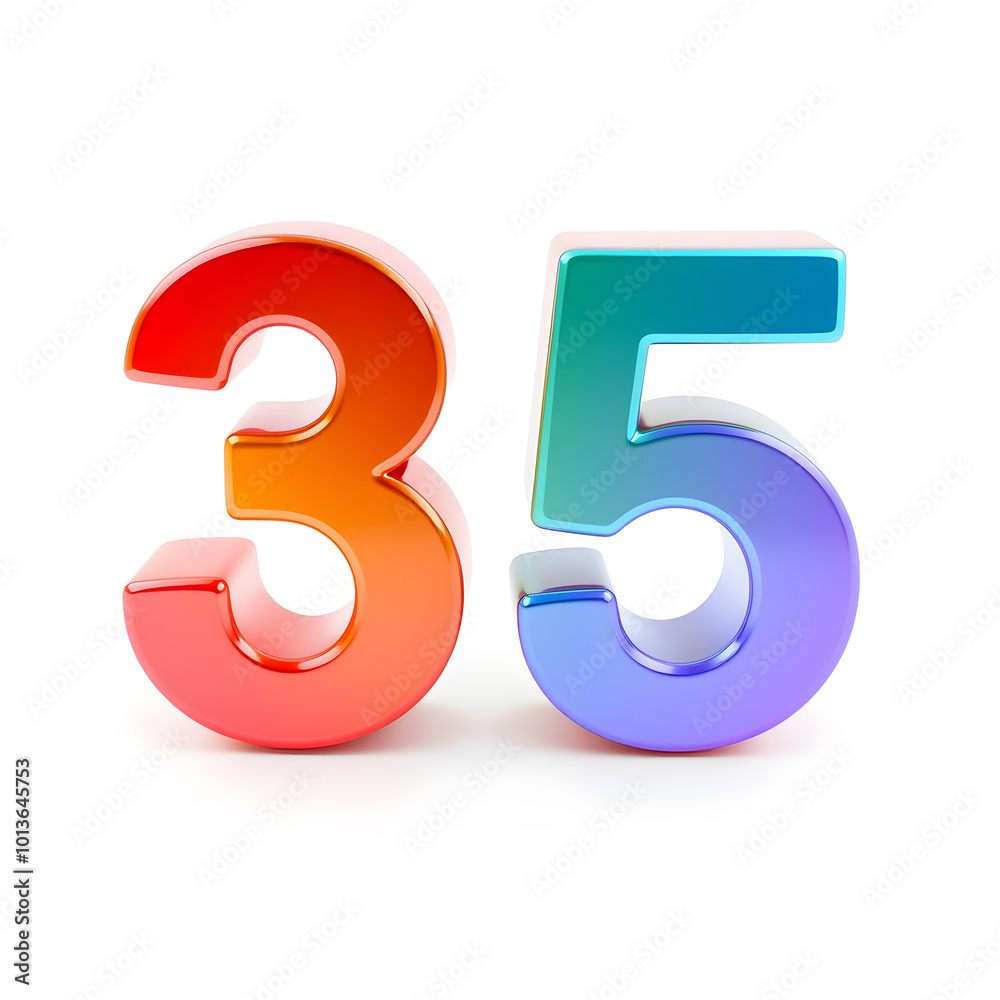3D icon, number 35, white background, smooth textures, vibrant colors. Generative AI 3D icon, number 35, white background, smooth textures, vibrant colors. Generative AI