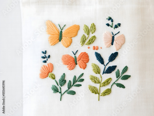 Hand Embroidered Butterflies and Flowers on White Fabric