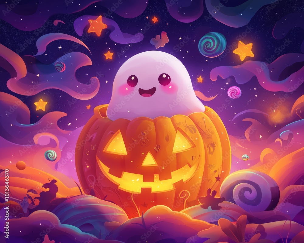 Happy Ghost in a Colorful Pumpkin Scene Happy Ghost in a Colorful Pumpkin Scene