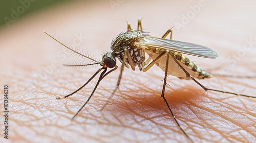 Mosquito on human skin in sharp detail, with a generous area of copy space for writing.