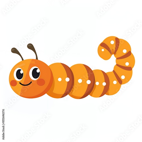 Cute cartoon caterpillar with orange and brown color scheme with a smile on its face.