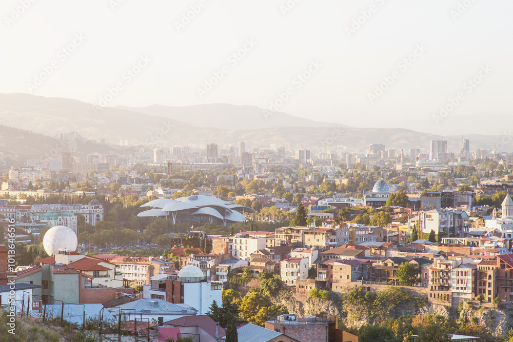 unpopular view of Tbilisi city center capital of Georgia, ministry of justice, presidential palace, buildings at sunset unpopular view of Tbilisi city center capital of Georgia, ministry of justice, presidential palace, buildings at sunset