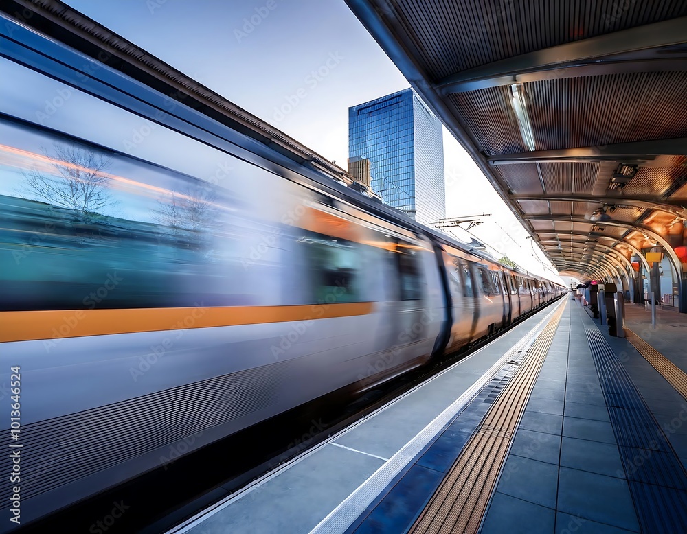A speeding suburban train leaves a trail of motion blur as it navigates a busy city station. A speeding suburban train leaves a trail of motion blur as it navigates a busy city station.