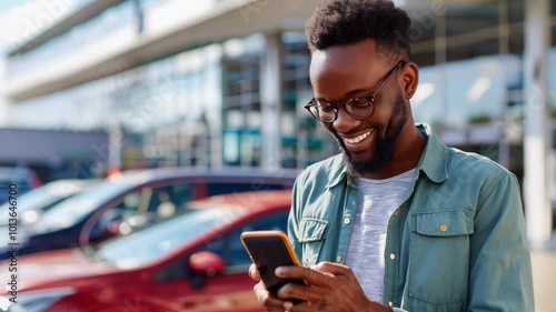 	
A smiling person using a smartphone to purchase a car	
