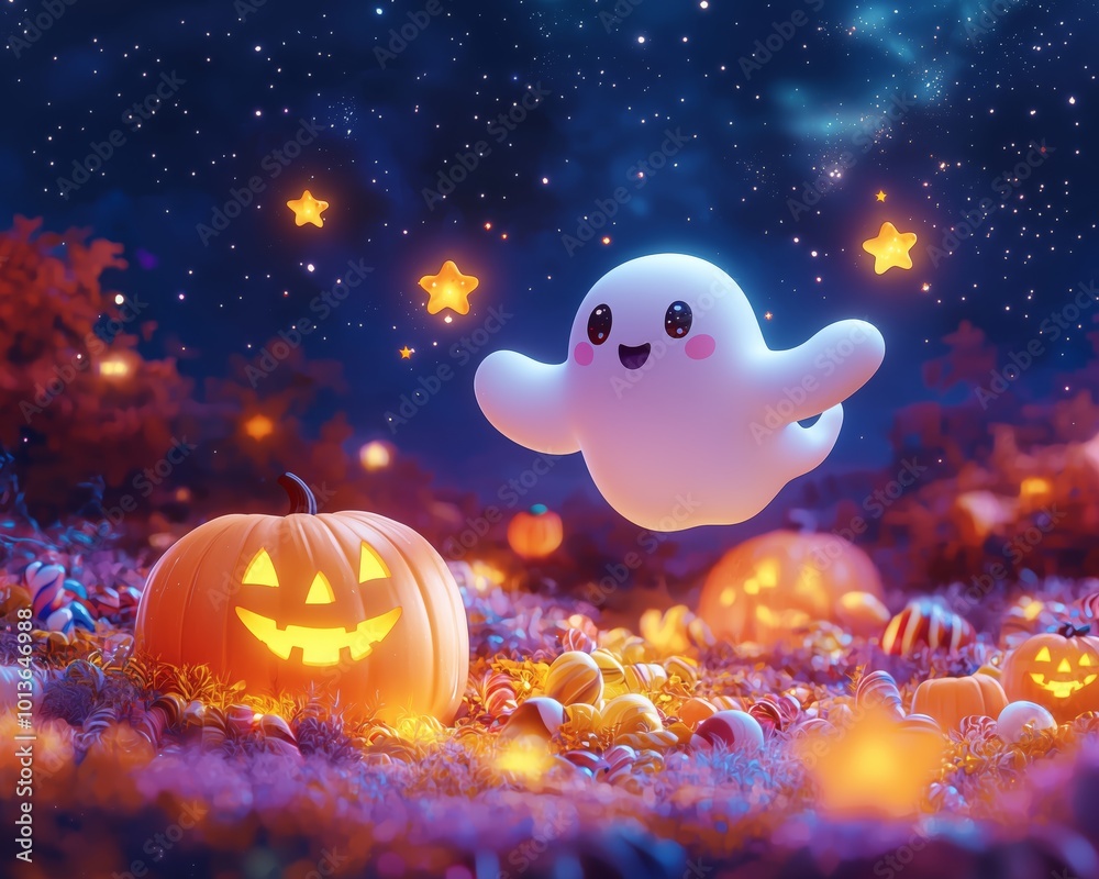 Fototapeta premium Cheerful Ghost Flying Over Pumpkin Patch at Night