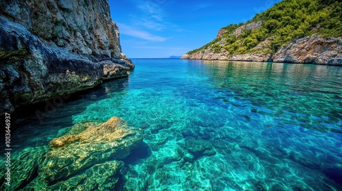 Pristine waters under the European continent, a peaceful seascape with no fish, ideal for text space.