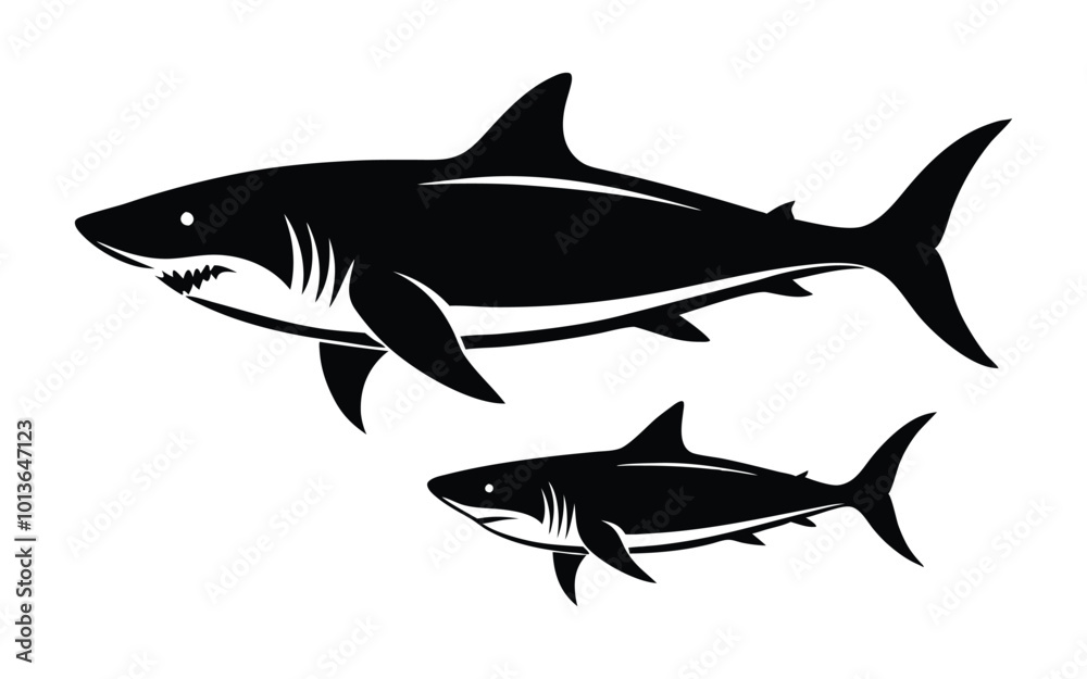 Fototapeta premium Set of Shark Silhouettes with Cosmic and Minimalist Design on white background