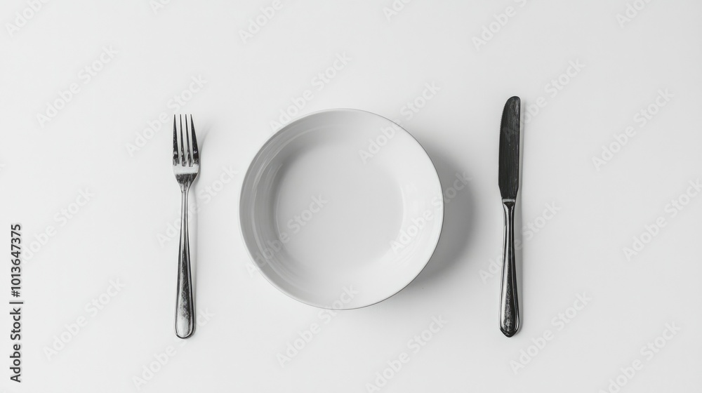 A spoon and fork placed on either side of an empty plate on a white background, representing a minimalistic dining concept.