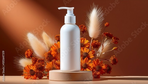 A white pump-top lotion bottle rests on a podium adorned with luxurious orange dried flowers, creating a visually captivating display.