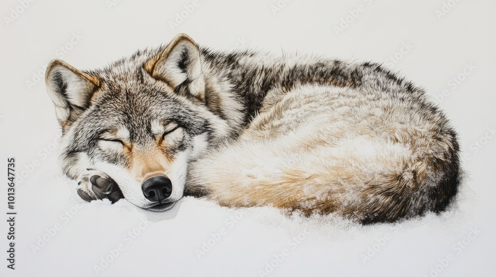 Fototapeta premium A peaceful wolf resting with its eyes closed, curled up comfortably on a white background, representing calmness and protection.
