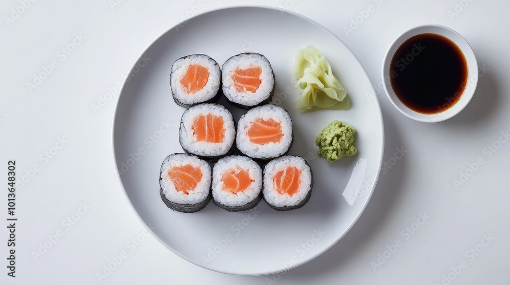A plate of sushi rolls arranged neatly, with wasabi and soy sauce on the side, all set against a white background for a minimal aesthetic. A plate of sushi rolls arranged neatly, with wasabi and soy sauce on the side, all set against a white background for a minimal aesthetic.