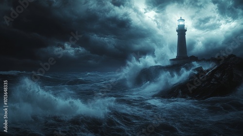 Stormy Coastline with Holographic Lighthouse, turbulent seas, dark atmospheric tones, immersive 3D rendering, dynamic visual experience