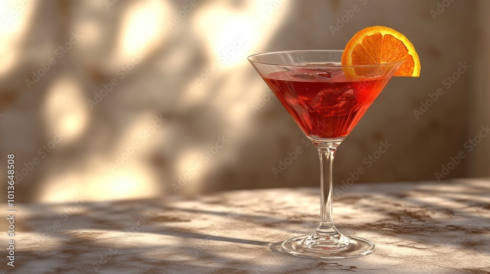 A vibrant cocktail with an orange slice, set against a softly lit background. A vibrant cocktail with an orange slice, set against a softly lit background.