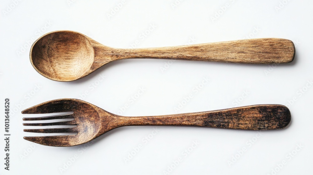 A rustic wooden spoon and fork placed against a white background, showing natural textures and an eco-friendly dining style. A rustic wooden spoon and fork placed against a white background, showing natural textures and an eco-friendly dining style.