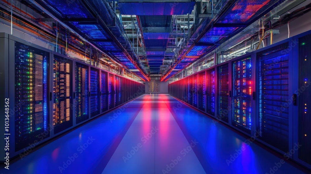 A captivating view of a large data center highlights its advanced technology, featuring interconnected servers and vibrant LED