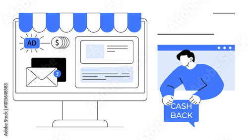 Computer screen displaying online store with ad placement emails and cash-back offers. Ideal for digital marketing strategies ecommerce campaigns customer engagement online shopping and cashback