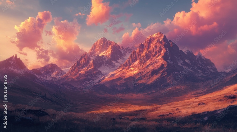 A scenic mountain range at sunset, with orange and pink hues lighting up the sky, casting a warm glow on the rugged landscape. A scenic mountain range at sunset, with orange and pink hues lighting up the sky, casting a warm glow on the rugged landscape.