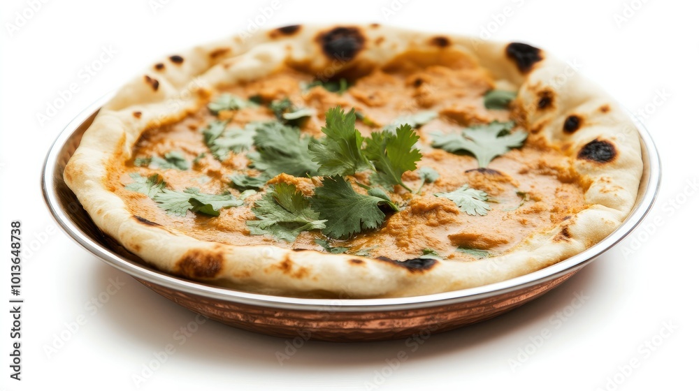 A serving of Indian curry with naan bread, garnished with fresh cilantro, on a clean white background for a vibrant and delicious presentation. A serving of Indian curry with naan bread, garnished with fresh cilantro, on a clean white background for a vibrant and delicious presentation.