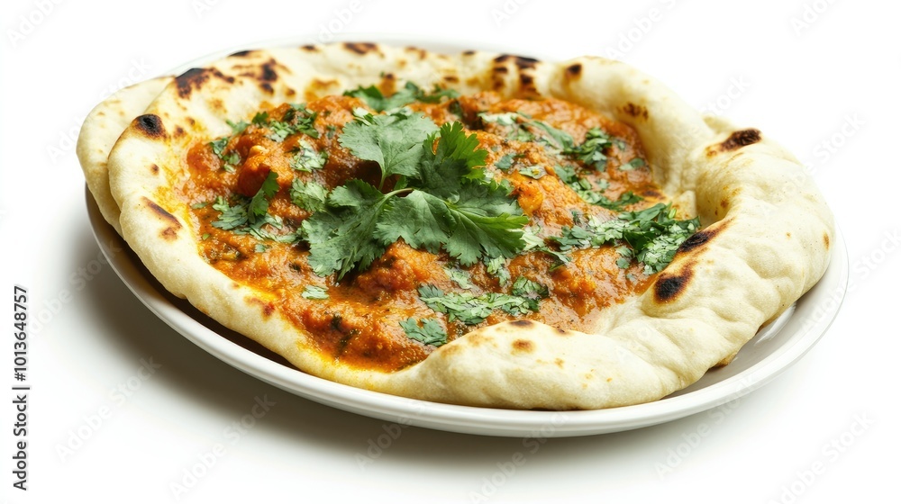A serving of Indian curry with naan bread, garnished with fresh cilantro, on a clean white background for a vibrant and delicious presentation. A serving of Indian curry with naan bread, garnished with fresh cilantro, on a clean white background for a vibrant and delicious presentation.