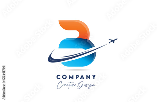 B corporate letter alphabet logo icon design with swoosh plane suitable for an air or aerospace travel company or business