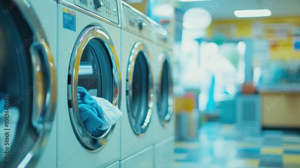 A modern laundromat featuring washing machines with clothes inside.