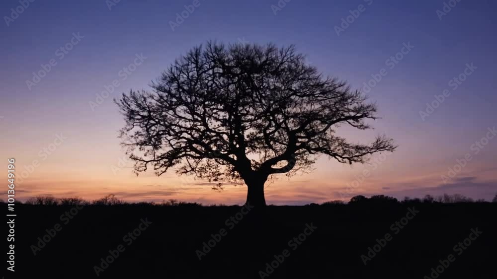 Silhouette of a lone tree against a fading sunset, slow dolly shot forward, enhancing the quiet ambiance. Silhouette of a lone tree against a fading sunset, slow dolly shot forward, enhancing the quiet ambiance.
