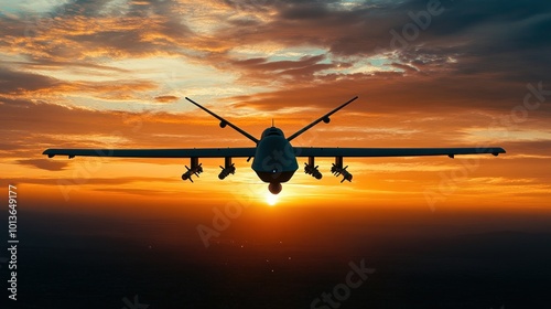 A silhouetted drone flying against a vibrant sunset sky.