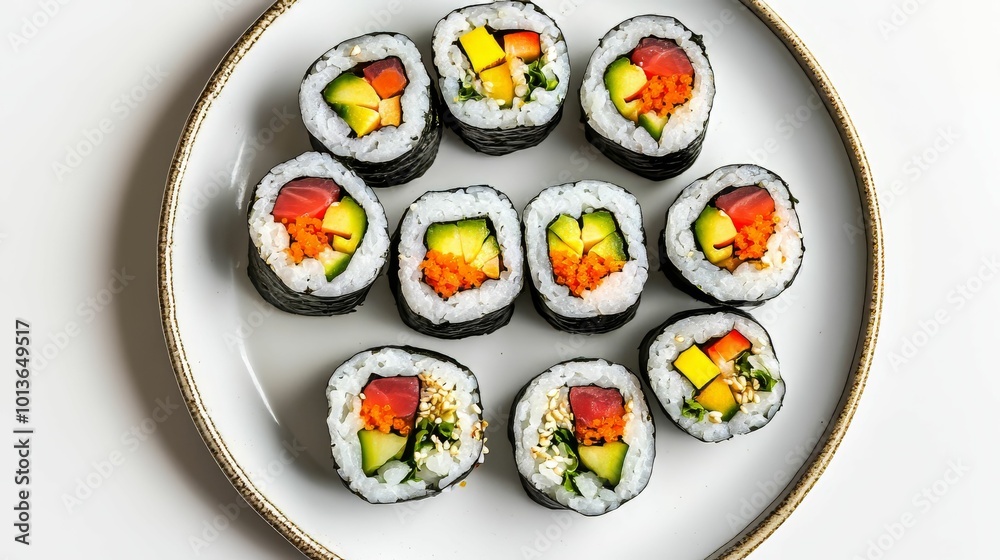 Freshly made sushi rolls with colorful vegetables on white background Freshly made sushi rolls with colorful vegetables on white background