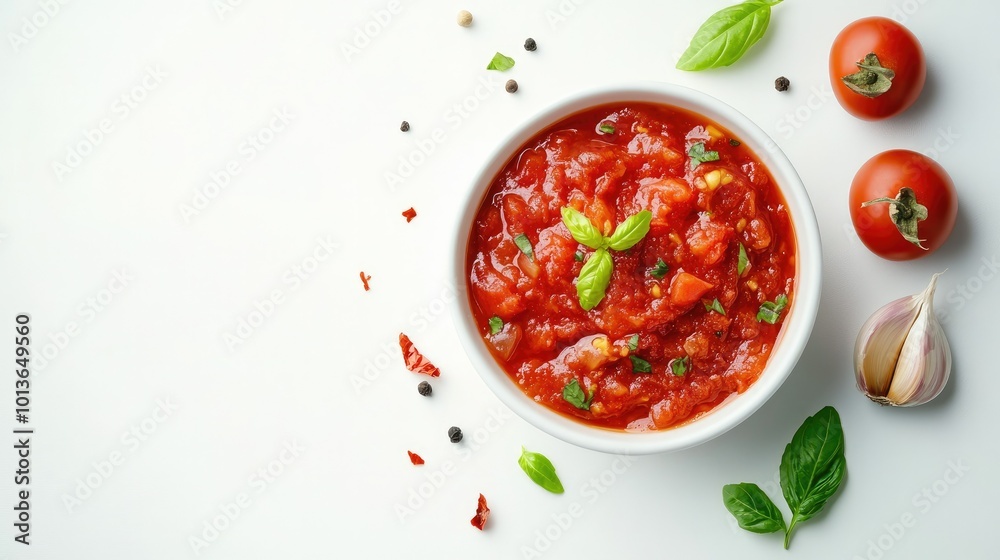 A small dish of chunky tomato sauce with visible pieces of tomatoes and garlic, centered on a clean white background.