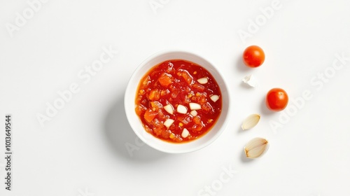 A small dish of chunky tomato sauce with visible pieces of tomatoes and garlic, centered on a clean white background.