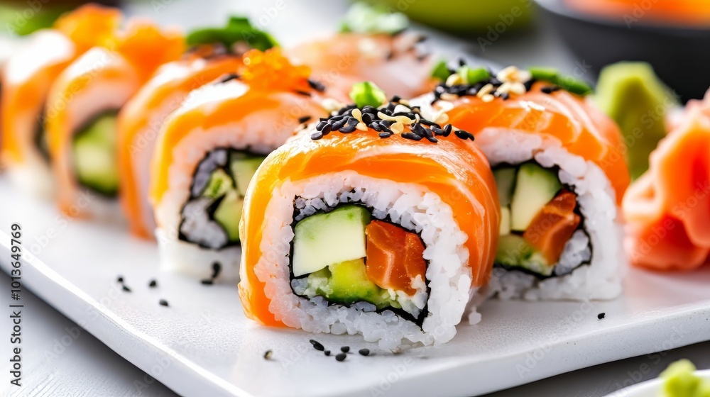 Freshly made sushi rolls with colorful vegetables on white background Freshly made sushi rolls with colorful vegetables on white background