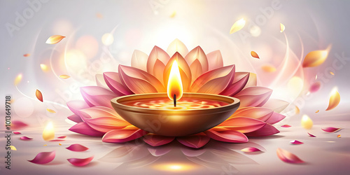 Glowing Diya with Radiant Flame Surrounded by Abstract Floating Flower Petals | Clean Vector Art for Diwali Celebration Photograph