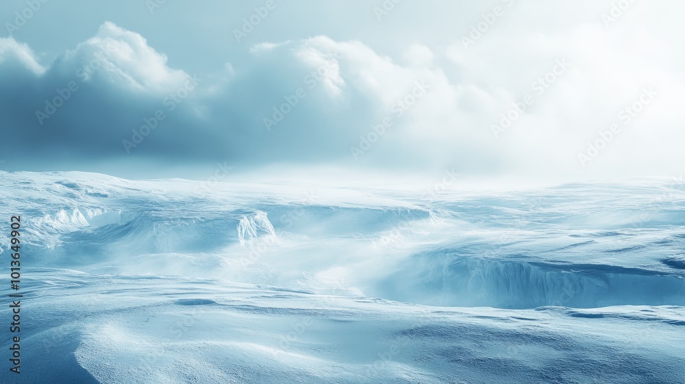 Arctic Serenity, Vast icy expanse under swirling cold gas clouds, Dominant blue and gray hues, Intricate ice textures, Ethereal mist enveloping the scene Arctic Serenity, Vast icy expanse under swirling cold gas clouds, Dominant blue and gray hues, Intricate ice textures, Ethereal mist enveloping the scene