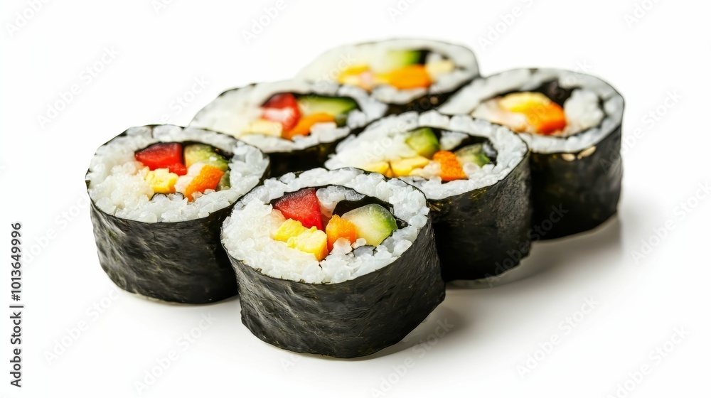 Freshly made sushi rolls with colorful vegetables on white background Freshly made sushi rolls with colorful vegetables on white background