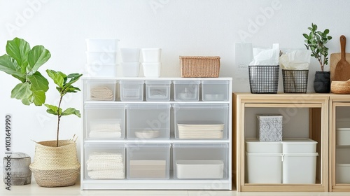 A stackable container cabinet with transparent plastic drawers, positioned on a clean white background, ideal for home organization.