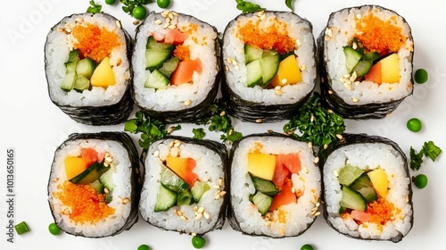 Freshly made sushi rolls with colorful vegetables on white background