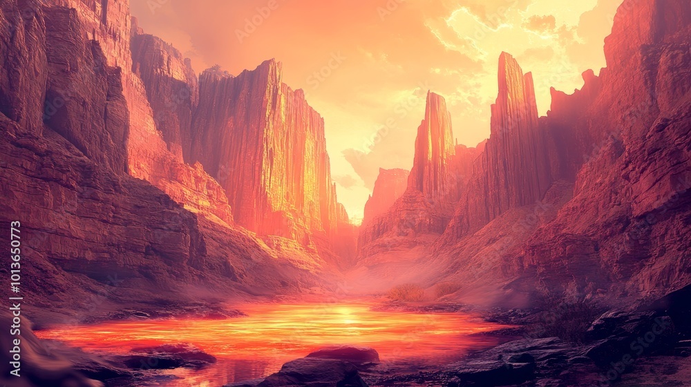 Fototapeta premium Futuristic Desert Canyon Oasis, towering rock formations, holographic water, warm tones, intricate digital art, vibrant sci-fi landscape