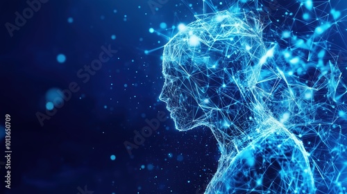 Abstract Human Figure Composed of Blue Polygonal Shapes Gradually Disintegrating into a Network of Floating Connections and Particles, 