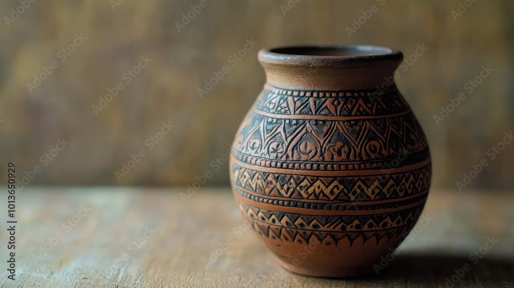 Traditional Indian pottery with intricate designs, no people, with copy space available.
