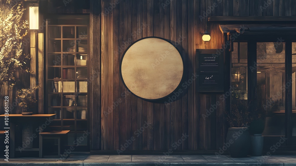 Circular signboard on a wooden wall in a street setting, awaiting branding for a storefront
