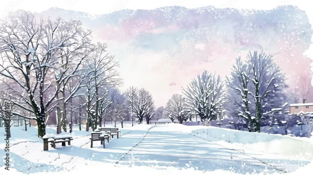 Serene snowy park landscape with bare trees and soft pink sky Serene snowy park landscape with bare trees and soft pink sky