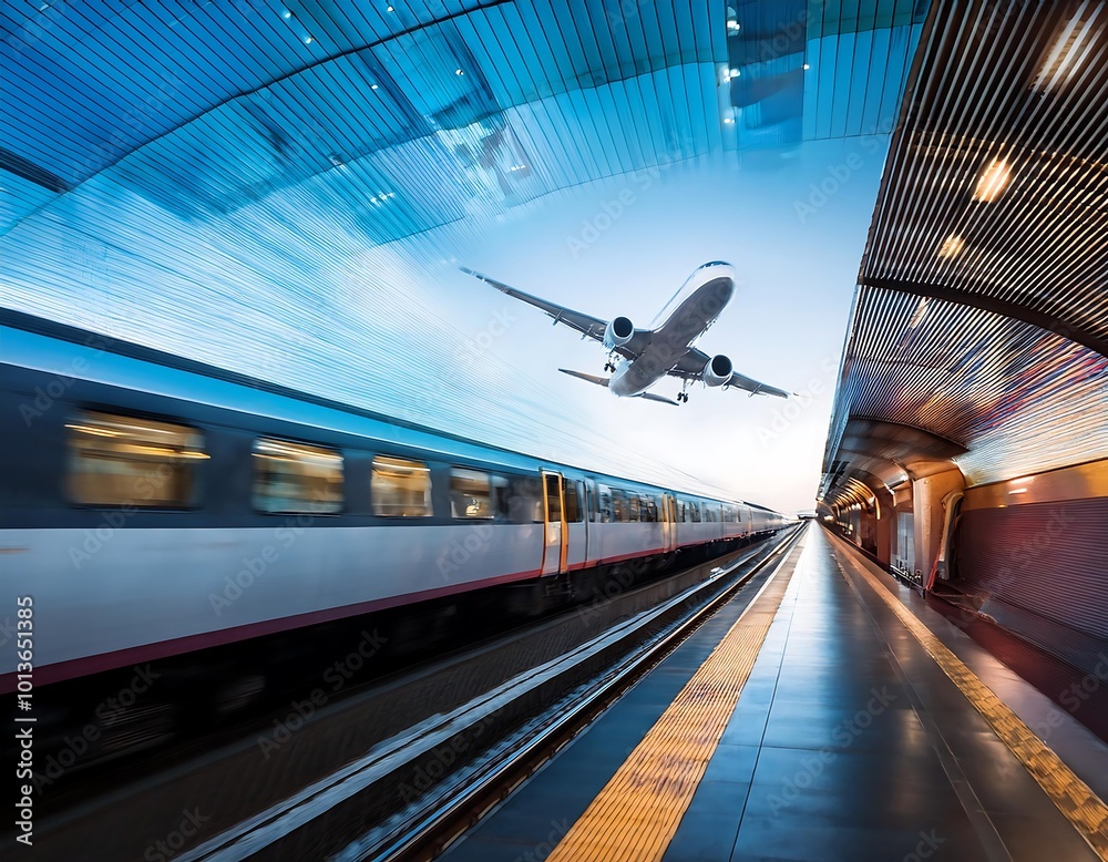 The speed of a subway train contrasts with the graceful flight of a passenger plane, highlighting the dynamic nature of modern travel.