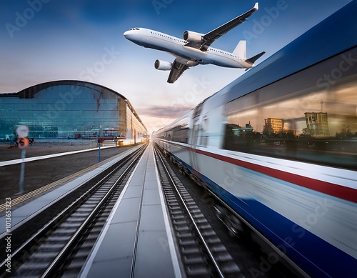 The speed of a subway train contrasts with the graceful flight of a passenger plane, highlighting the dynamic nature of modern travel.