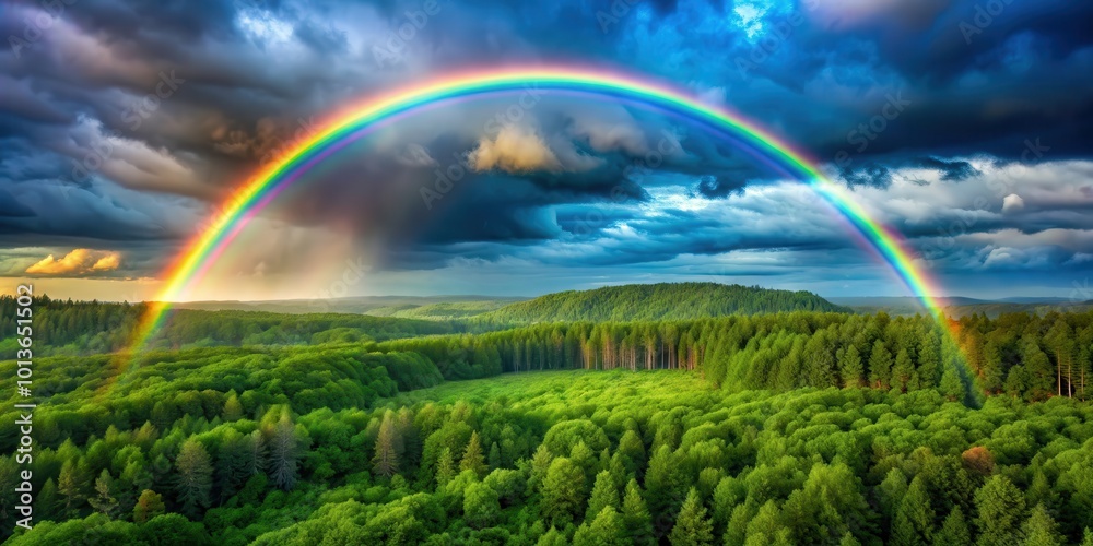 Rainbow stretching across the sky over a lush green forest, nature, colorful, sky, trees, vibrant, beauty, rainbow